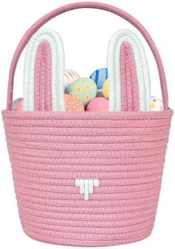 Poschnor Large Easter Basket with Gift Bags and Ribbons, Easter Bunny Basket for Kids, Woven Cotton Rope Gift Basket for gifting, Pink