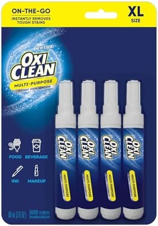 OxiClean Stain Remover Pen for Clothes (4 Pack) - Instant Spot Cleaning for All Laundry Stains: Blood, Food, Drinks, Dirt, Ink, Makeup - Bleach-FREE & Travel-Friendly (2x More Quantity)