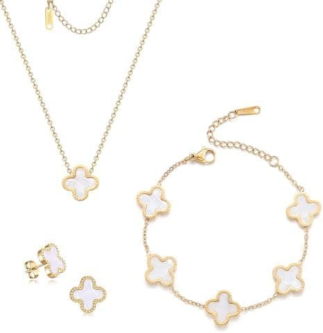 TICVRSS Lucky Clover Sets, 18K Gold Plated Four Leaf Clover Bracelet, Necklace Pendant, Earrings for Women Flower Link Bracelets Set Jewelry Gifts for Women