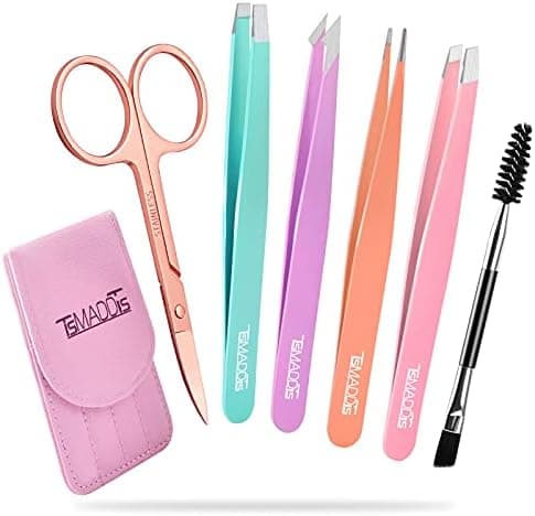 TsMADDTs 6 pcs Tweezers Set for Women, Eyebrow Tweezers with Curved Scissor for Ingrown Hair, Hair Plucking Daily Beauty Tools with Leather Travel Case