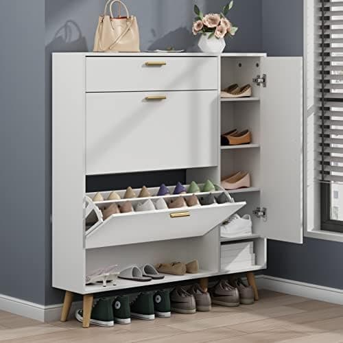 Gyfimoie Shoe Rack Cabinet, Free Standing Shoes Storage Organizer Cabinet with 2 Flip Drawers, Entryway Narrow Shoe Rack Storage with Doors for Entryway
