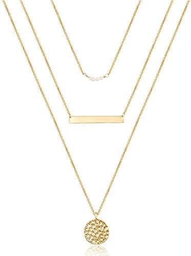 Turandoss Dainty Layered Choker Necklace, Handmade Y Pendant Necklace Multilayer Bar Disc Necklace Adjustable Layering Choker Necklaces for Women