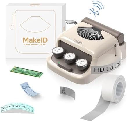 Makeid Q1 Label Maker Machine with Tape HD(300dpi), ONE-Click Time Printing Bluetooth Label Makers for Home Office, Compatible with iOS & Android - Clear Prints, Multiple Templates Font, Retro Design