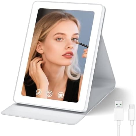 Travel Makeup Mirror, Portable LED Lighted Makeup Mirror, Rechargeable 1800mAh Battery, 2 Light Settings, USB-Powered Travel Vanity Mirror