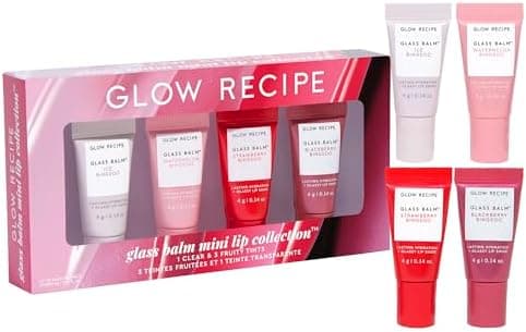 Glow Recipe Mini Glass Balm Lip Treatment Gift Set Collection - Travel Size Set of 4 Hydrating Vegan Lip Balms with Hyaluronic Acid & High-Shine Finish