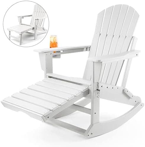 FUNBERRY Adirondack Rocking Chair, 4-in-1 Multifunctional Porch Rocker with Retractable Ottoman & Cup Holder HDPE All Weather