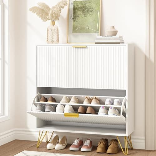 NOVAMAISON Shoe Storage Cabinet with 2 Flip Drawers, Fluted White Shoe Cabinet Storage for Entryway Slim, Narrow Shoe Organizer Cabinet, Modern Freestanding Shoe Rack for Entryway, White