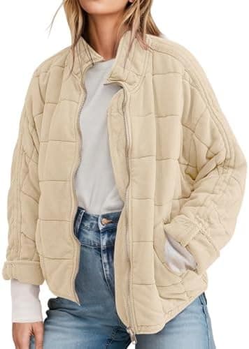 ETCYY Women's Causal Lightweight Quilted Jackets Long Sleeve Oversized Warm Winter Zip Up Coat with Pockets