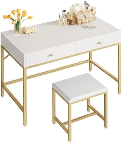 SUPERJARE 35.4" White and Gold Desk with 2 Drawers, Modern Makeup Vanity with Padded Stool, Small Computer Desk Home Office Desk for Writing Study Bedroom