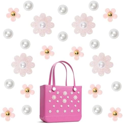 SANUIU 23Pcs Flower Charms Accesories for Rubber Beach Bag, Bling Rhinestones, Pearl Accessories Compatible with Beach Handbags, Inserted Charms for Rubber Totes