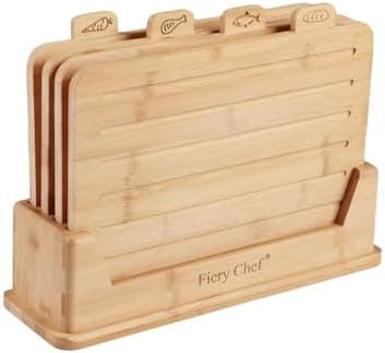 Fiery Chef 12.6"L x 9"W Bamboo Cutting Board Set of 4 - Wood Cutting Board Set with Holder, Chopping Boards Set with Food Icons, Juice Groove - Ideal for Meat, Fish, Bread, Vegetable, Fruit Chopping