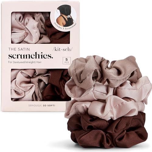 Kitsch Satin Scrunchies for Women - No Crease, Frizz Control | Softer Than Silk Scrunchies Gentle On Hair Scrunchies for All Hair Types | Stylish Hair Accessories College Essentials - Cameo, 5pcs