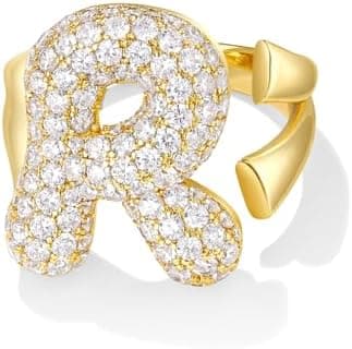 KissYan Bubble Initial Ring for Women, 14K Gold Plate Balloon Jumbo Letter Rings Open Adjustable Dainty Pave CZ Personalized Fashion Jewelry Gift