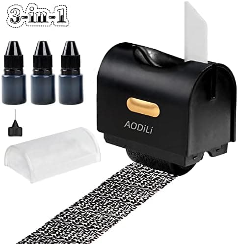 Identity Theft Protection Roller Stamp - 3Pack Refill Inks,AODILI Confidential Anti Theft ID Privacy Security Stamp with Box Opener,Envelope Cut Blade 3-in-1, Guard Personal Info Blockout Kit (Black)