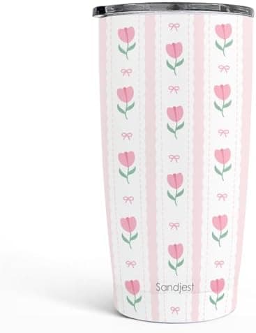 SANDJEST Tulip Tumbler 20oz, Stainless Steel Travel Cup with Lid, Insulated Coffee Mug, Tulip Gifts for Women Girls Friends Sisters on Birthday Christmas