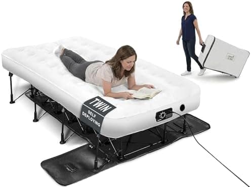 Ivation EZ®-Bed (Twin) Inflatable Air Mattress with Frame & Built-in Pump - 3 Min Self Inflate/Deflate - Raised Blow up Bed with Legs, Auto Shut Off, Premium Coil Design, Wheeled Portable Case