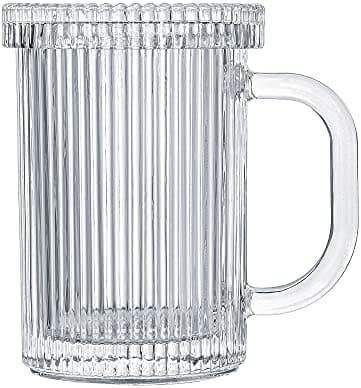 Lysenn Clear Glass Coffee Mug - Classic Vertical Stripes Tea Mug - Elegant Coffee Cup with Glass Lid for Latte, Espresso - Lovely Gift for Christmas, Anniversary and Birthday - 11 oz