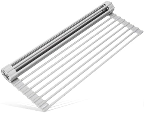 Surpahs 17.5 x 13.1 Inch Roll-Up Dish Drying Rack, Fits Across Sink Openings up to 16.5 Inches, Heavy-Duty Premium Silicone, Strong Support, Non-Slip, Heat-Resistant, Warm Gray