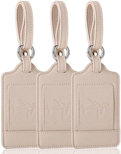3 Pack Luggage Tags - Quick Install, Privacy Protection, Airplane Travel Essentials for Suitcases, Durable Leather - Lichee Beige