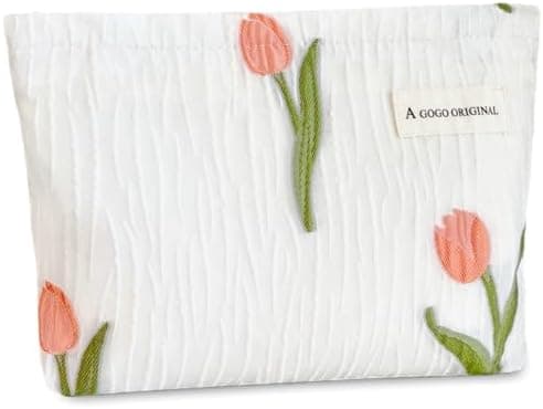 STARDW Aesthetic Floral Makeup Bag Cute Small Cosmetic Bags for Women Girls, Travel Toiletry Bag Large Capacity Zipper Makeup Pouch, Purse Organizer Pouches (Tulip White)