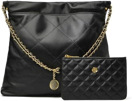 DORIS&JACKY Leather Quilted Tote Bag Set for Women Soft Lambskin Designer Shoulder Chain Purse with 1 Small Clutch