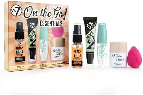 W7 On the Go Essentials Set - Mini Makeup Must-Haves with Primer, Setting Spray, Mascara, Golden Glow Bronzing Drops & Beauty Sponge - Travel or Handbag Size Essentials