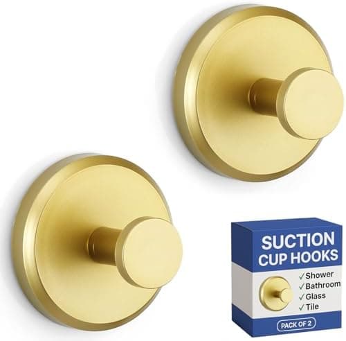 HOME SO Suction Cup Hooks for Shower & Bathroom Towel Holder 2-Pack – Suction Cups Hooks for Hanging Towels, Robes, & Coats - Tiles, Glass Door or Mirror – Shower Hooks & Towel Hooks Organizer - Gold