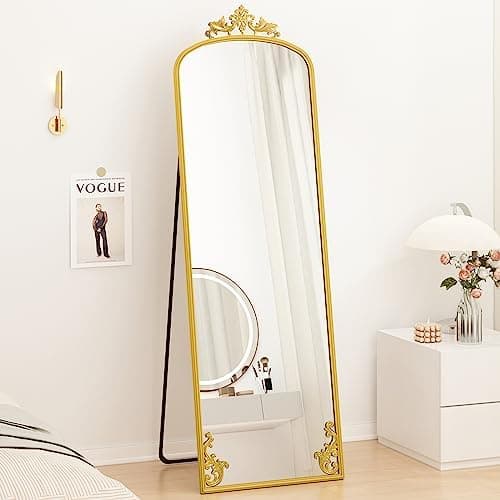 AZODY Arched Full Length Mirror with Carved Metal Frame, 65" x 21" Gold Floor Length with Stand, Full Body Mirror for Home Decor Wedding Entryway Living Room
