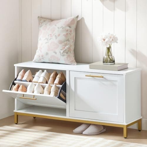 HOOBRO Shoe Bench with Storage, Shoe Storage Bench with 2 Flip Drawers, 39.4" Shoe Cabinet with Bench, Hidden Shoe Rack Organizer for Entryway, Foyer, Hallway, White and Gold DW48HX01