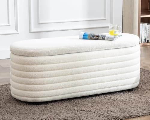 DM Furniture Storage Teddy Ottoman Bench Upholstered Fabric Storage Bench End of Bed Stool with Safety Hinge for Bedroom, Living Room, Entryway, Closet(45.5", White)