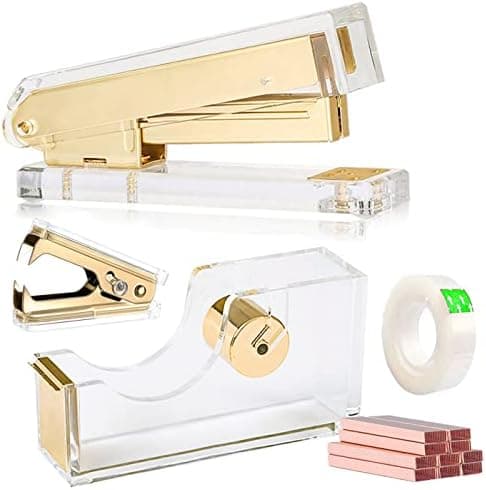 Acrylic Gold Tape Dispenser & Desktop Stapler, Includes Staple Remover, Tape, 1000pcs Staples - Cute Office Stapler Set for Modern Design Desk Accessory Kit