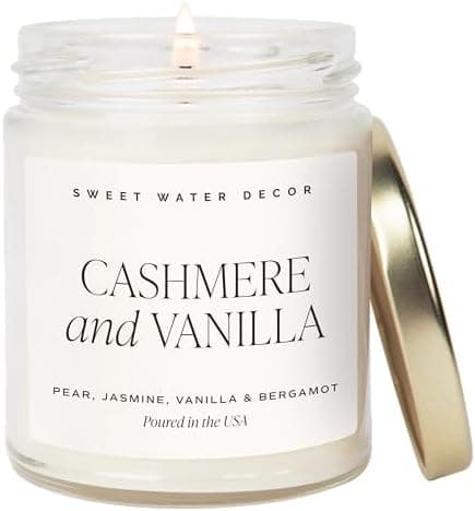 Sweet Water Decor Cashmere and Vanilla Soy Candle - Jasmine, Soft Cashmere, Sandalwood, Vanilla Scented Spring Candle for Home - 9oz Clear Jar with Lid, 40+ Hour Burn Time, Made in The USA