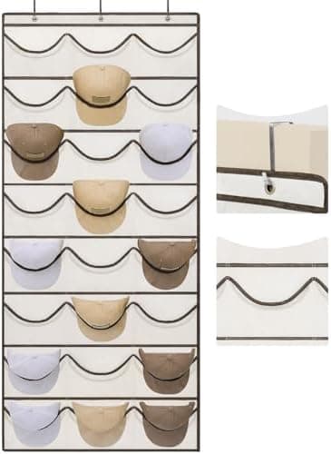 LoforHoney Hat Organizer for Baseball Caps, Over The Door Hat Rack with 24 Deep Pockets, 3 Hooks, Visible Hat Holder, Beige