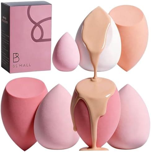 Makeup Sponge Set BS-MALL with Storage Case 7 Pcs for Liquid, Cream, and Powder,SAVE Foundation with 1 Mini Makeup Sponge For Travel Daily Use (A-Pink)