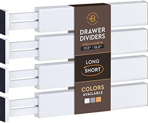 4-Pack Bamboo Drawer Dividers - 2.6" High, 12.5"-17" Adjustable Drawer Organizers for Clothes, Expandable Dresser Separators in Bedroom/Bathroom/Kitchen/Office Organization and Storage (White)
