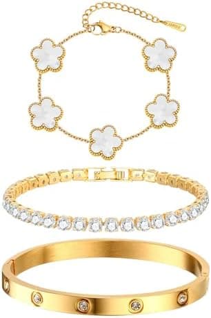 Womens Stackable Floral Gold Bracelets - 3Pcs 18K Gold Plated Bracelet,Stainless Steel Bangle Bracelets Non Tarnish, Gold Bracelet Set Trendy Jewelry,Christmas Valentines Birthday Gifts for Girlfriend