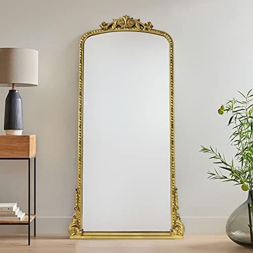 EGHOME Traditional Ornate Floor Mirror Arched Framed Full Length Wall Mirror Baroque Inspired Full Body Mirror, Antiqued Gold 30 x 60''
