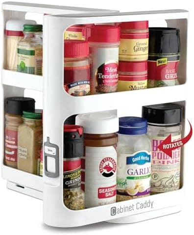 Cabinet Caddy Spice Rack Organizer for Cabinet - Slide & Rotate Kitchen Organizers and Storage - 2 Double-Decker Shelves - Non-Skid Base - Magnetic Modular Design - 10.8" H x 5.25" W x 10.8" D