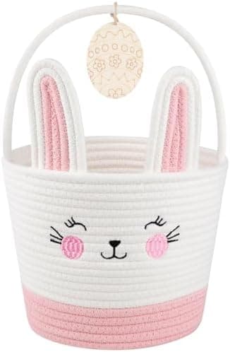 OIASKET Personalized Easter Basket for Toddler, Woven Baby Easter Gifts basket with Handle, Empty Bunny Egg Basket for Girls Boys Kids, Pink&White