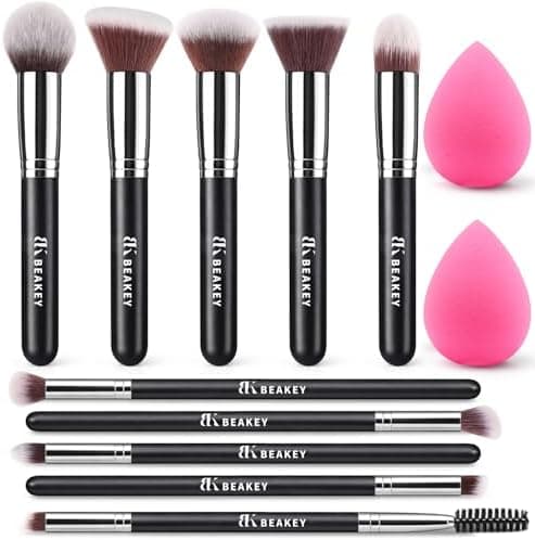 BEAKEY Makeup Brushes Set, Professional Foundation Eyeshadow Concealer Blush Powder Bronzer Applicator, 2 Blender Sponge with Beauty Paper Case