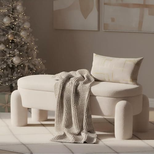 LukeAlon 45" Sherpa Storage Bench - Upholstered Makeup Ottoman with Solid Wood Frame, Entryway Shoe Bench for Bedroom, Living Room & Hallway, White