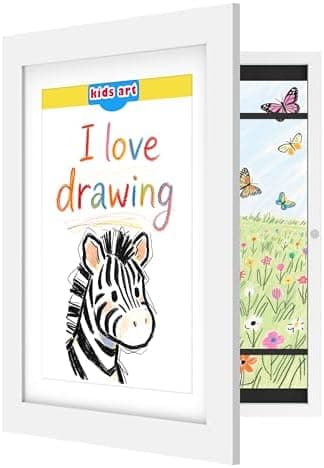 FrameWorks 10"x12.5" White Wooden Kids Art Frame with Magnetic Door – Display for 3D Artwork, Photos, Crafts – Gallery Style Edges Wall Decor for Home, Playroom, Easy Access Frame for Creativity
