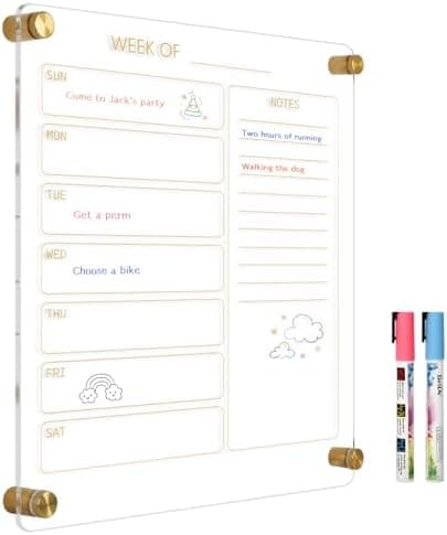 AMUSIGHT Small Acrylic Calendar for Wall, 12" X 14" Golden Clear Acrylic Wall Calendar, Clear Wet & Dry Erase Board Hanging Frameless Weekly Planner for Office, Home or School, 2 Markers