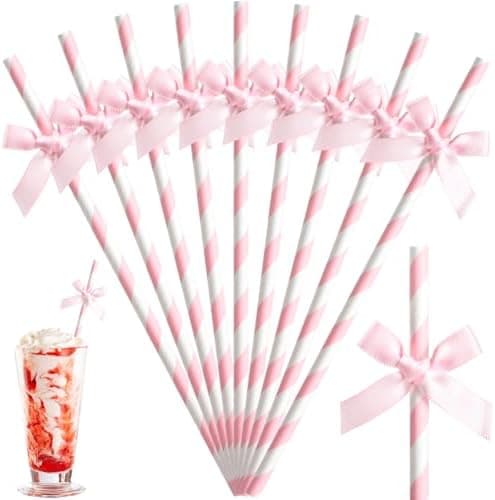 Potchen 50 Pcs Pink Bow Paper Straws Bulk Pink and White Disposable Striped Straws for Drinking, Pastel Theme Party Supplies for Birthday Wedding Bachelorette Baby Shower Cake Decor