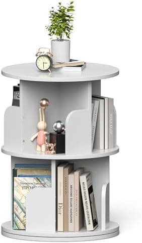 Nidouillet Rotating Bookshelf, 4 Tier Revolving Bookcase with Brake Wheels 360° Display Round Bookshelf Narrow Swivel Corner Book Shelf Standing Bookcase for Adult Bedroom, Living Room (White)