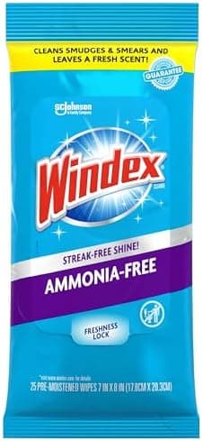 Windex Wipes Glass Cleaning Ammonia Free, Pre-Moistened Wipes for Cleaning All Glass Surfaces, Crystal Rain Fresh Scent, 25 Count