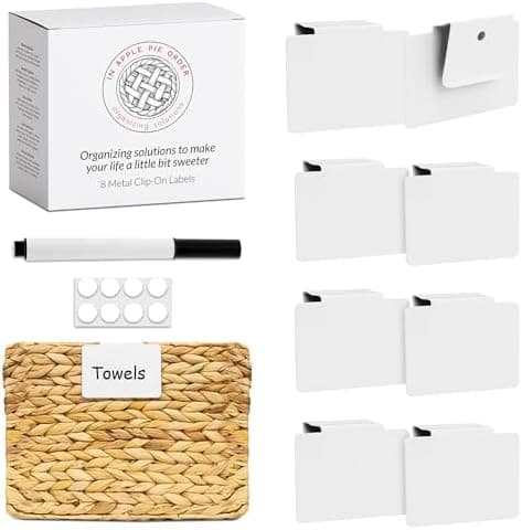 Labels for Storage Bins | Metal Storage Bin Clips (2.5” x 3.5”) - Set of 8 Basket Clip On Tags for Storage Bins w/Non-Slip Grip Pads & Dry Erase Marker - Removable Bin Labels for Storage Baskets