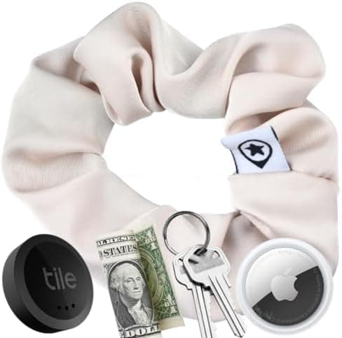 SafeTrack HairTag Child Size Satin Hair Scrunchie GPS Money Key Holder Hidden Zipper Pocket Elastic Ponytail Small Bracelet For AirTag Tile SmartTag (Champagne)