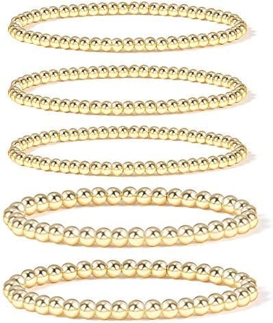 Badu Gold Plate Bead Bracelet for Women 14K Gold Plated Bead Ball Bracelet Stretchable Elastic Hypoallergenic Bohemian Stackable