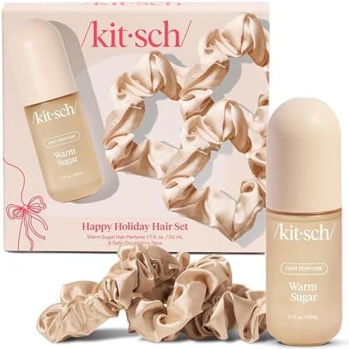 Kitsch Satin Scrunchies and Hair Perfume for Women Holiday Set – Warm Sugar Scent with Patented Odor-Eliminating Technology Hair Spray | Neutral Softer Than Silk Scrunchies | Ideal Gifts for Women